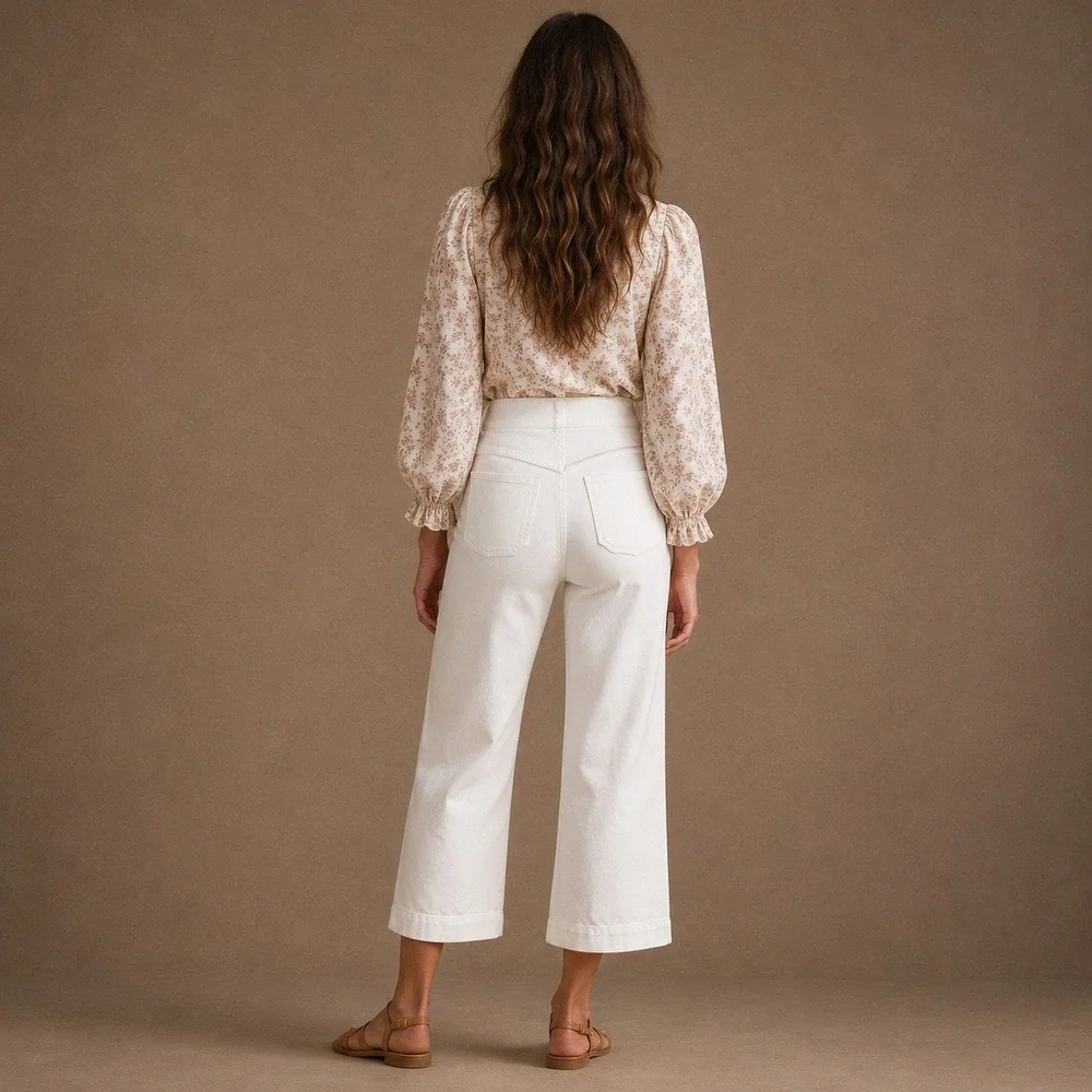 Spanx Wide Leg Pull On Crop Patch Pocket Jeans White Sz M